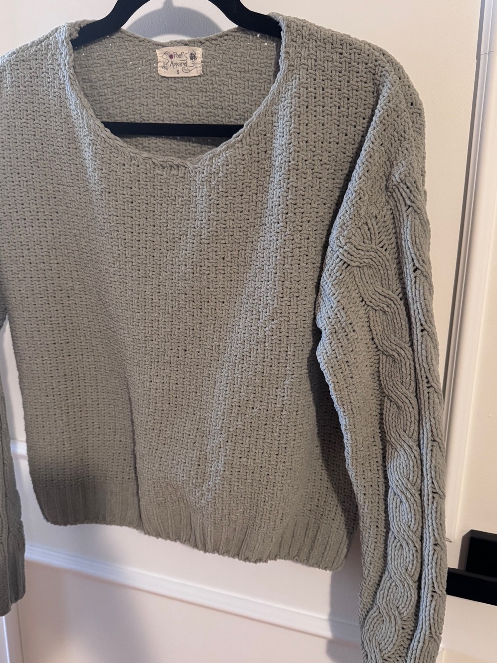 Poof! Cable-Sleeve Scoop Neck Sweater - Sage Green